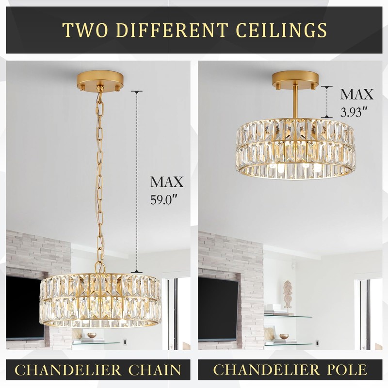 CATINER Small Gold Crystal Chandeliers, Modern Semi Flush Mount Chandelier