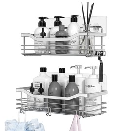 Orimade Shower Shelf No Drilling SUS304 Stainless Steel Shower Shelf with 5 Hooks Shower Baskets for Bathroom Kitchen Toilet Pack of 2