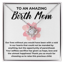Birth Mom Necklace Silver Plated Love Knot Mahogany - We Promise To Cherish - Appreciation Motherhood Pregnancy Family from Adoptive Parents