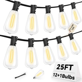 Hobbynors ST38 Outdoor String Lights 25FT with 12+1 LED Bulbs, E12 Socket, Waterproof Commercial Grade, 2700K Warm White for Garden, Backyard, Bistro, Patio, Porch, Deck, Gazebo, Wedding Decor