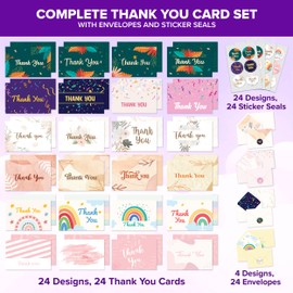 Decorably 24 Pack 6x4in Thank You Cards Assorted with Envelopes and Stickers, 24 Unique Designs Thank You Card Variety Pack, Blank Inside - Baby Shower, Birthday