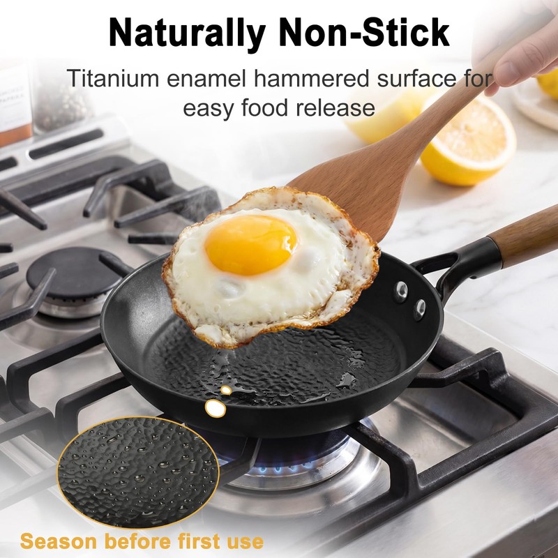 COVORM 8" Lightweight Titanium Enameled Cast Iron Skillet, Hammered Nonstick