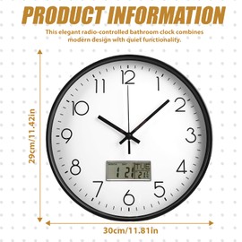 WIYETY White High Accuracy Wall Clock: 30 cm Silent Wall Clock with Calendar Digital LCD, Silver Analogue Quartz Clock with Date, Day of the Week and Thermometer, for Living Room, Bedroom, Office,