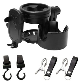 East Leaf Baby Stroller Drink Holder 2 Pack + Smartphone Holder Blanket Clip Hook Set Black Baby Bottle Bottle 360˚ Rotation 2 in 1