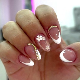 SINHOT Almond Press on Nails Medium - Daisy Flower Fake Nails Glossy Glue on Nails 3D Rhinestones Acrylic Nail White French Tip Stiletto Artificial Nail Art Stick on False Nails with Design DIY 24 pcs