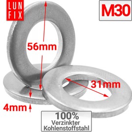 Lun Fix Washers M30 DIN 125, Pack of 10, Galvanised Steel, Washer for Screws, Flat Washers for Threaded Bolts and Threaded Rods, Flat Washers for Nuts, Thin Washers