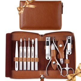Juego de Manicura, FAMILIFE Kit de Manicura Profesional Juego de Cortaúñas Juego de Herramientas de Pedicura de Acero Inoxidable 11 en 1 Kit de Aseo con Estuche Portátil de Viaje de Cuero Marrón Para Hombres