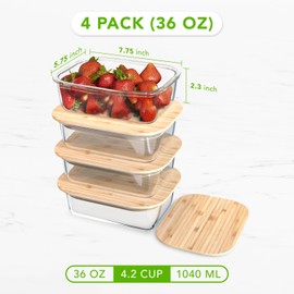 Gardenpick Glass Food Storage Containers with Lids, Airtight Reusable Pantry Kitchen, Pakc of 4 Storage Containers With Bamboo Lids 36 Ounce Sets, Glass Meal Prep Lunch Container- BPA Plastic Free