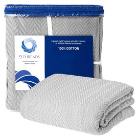 9Threads Queen Size Multipurpose Blanket, 100% Extra Long Staple Cotton, Soft & Breathable Herringbone Weave, Light Grey, Lightweight, Machine Washable, All-Season Throw Blanket for Bedroom & Travel