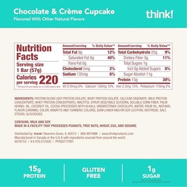 think! Sweet Treat Protein Bar, 15g Protein, Gluten Free, On-the-go Snack, Low sugar, Chocolate & Creme Cupcake, 10 Bars (57g Per Bar)