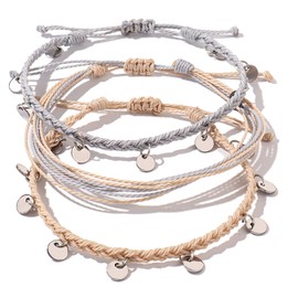 FANCY SHINY String Ankle Bracelets Waterproof Rope Anklets Braided Beach Boho Coin Anklets Cute Friendship Foot Jewelry for Women Teen Girls(Ivory/Gray)