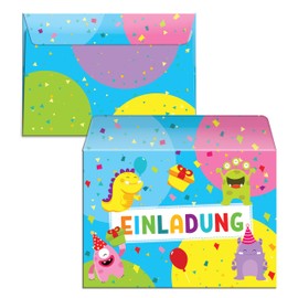 12 Invitation Cards with 12 Envelopes for 2nd Children's Birthday Party for Girls Boys Funny Monster Blue Invitation Second Birthday / Colourful Birthday Invitations (12 Cards + 12 Envelopes)