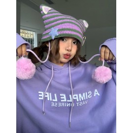 Women Y2K Cat Ear Beanie Hat with Pom Poms Star Accessories Goth Grunge Crochet Knitted Slouchy Skully Caps Alt Emo Clothes (Purple-Green)