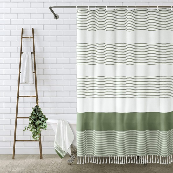 Awellife Boho Sage Green Shower Curtain for Bathroom Stripe Tassel