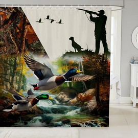Erosebridal Duck Hunting Shower Curtain Wild Animal Mallard Duck Hunting Theme Bathroom Decor Dog Hunter Bath Curtain Flying Duck Curtains Dog Rustic Farmhouse Waterproof Curtains,72" W x 72" L