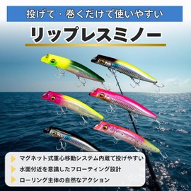 Sea Bass Lure, Lipless Minnow, Floating Shallow with Treble Hooks, 4.9 inches (125 mm), 0.8 oz (21 g), Center of Gravity Movement, 6 Pieces (All Colors)
