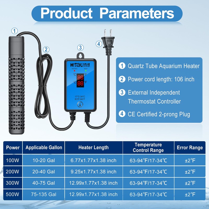 HiTauing Aquarium Heater, Upgraded 200W Fish Tank Heater with Intelligent