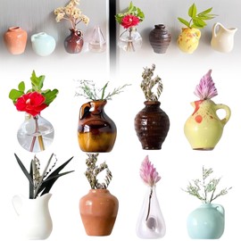 Durdiiy Mini Vase Magnets for Fridge, 8Pcs 3D Cute Ceramic Bud Vases Magnetic,Magnetic Flower Plant Fridge Refrigerator Accessories Kitchen Locker Office Decoration