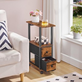 HOOBRO Small Narrow Side Table with Charging Station, Skinny End Table for Small Spaces, Slim Nightstand with USB Port Outlet, Sofa Beside Table with Storage Drawers, Rustic Brown and Black BF245UBZ01