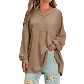 EXLURA Womens Fall Long Sleeve Shirts V Neck Casual Maternity Tops Loose Babydoll Pullover Dressy Tunic Blouse Outfits 2025 Dark Khaki