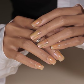 KQueenest Chrome Press On Nails - Glitter Nails for Sticking, Short Medium, Sparkle Bling Fake Nails Square, Artificial Fingernails for Sticking, Glazed Acrylic Nails for Women, Pack of 24, Champagne