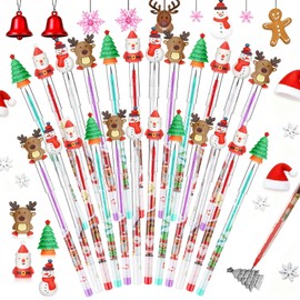 Zonon 24 Pieces Christmas Pencils Bulk, Multi Point Stackable Push Pencil with Toppers, Santa Claus Snowman Elk Pens for Kids Classroom Rewards, School Party Supplies,Christmas Stocking Stuffer