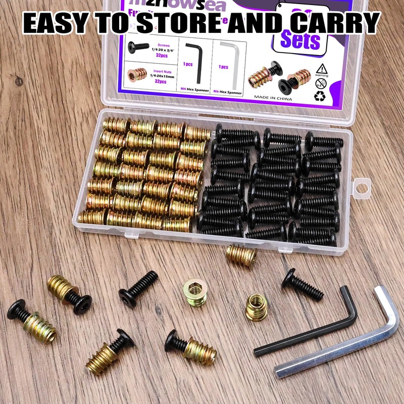 32 Sets Furniture Screw Nut 1/4-20 x 3/4" Threaded Inserts