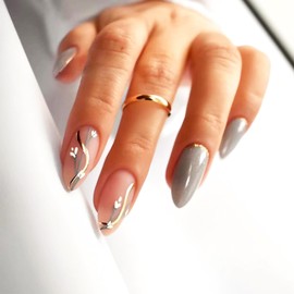 24Pcs Smoke Gray Press on Nails Glossy Gold Glitter False Nails Gel Glue on Nails, Flower Medium Almond Manicure Art Acrylic Fake Nails Stick on Nails with Curve Line Design for Coquette Women Girls