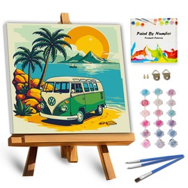 TOCARE Framed Paint by Numbers Kit for Adults Beginner & Kids Ages 8-12,Palm Tree Bus Paint by Number Framed,Simple Oil Paint by Number Kits on Canvas Framed Bus(10x10 Inch, Without Easel)
