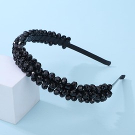 Teyglen Bridal Black Rhinestone Headband Full Crystal Beads Hair Hoop Handmade Black Hair Band Vintage Headpiece Wedding Hair Accessories for Women Girls Party Prom Festival