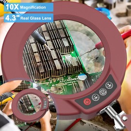 10X Magnifying Glass with Light and Clamp, Real Glass Stand Lighted Magnifier, 5 Color Modes Stepless Dimmable LED Desk Lamp Hands Free for Crafts Hobby Reading Painting Sewing Close Work - Red