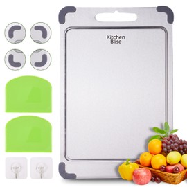KITCHEN BliSE Stainless Steel Cutting Board, Double Sided Food Gradable Steel Cutting Boards for Kitchen with 2 Cleaning Scrapers, Metal Cutting Board with Grooves for Fruits, Veggies & Meat (Large)