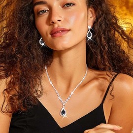 JAKAWIN Bride Silver Bridal Necklace Earrings Set Crystal Wedding Jewelry Set Rhinestone Choker Necklace for Women (Set of 3) (NK144-3) (4 Black)