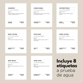 Genérico DISPENSADORES DE JABÓN para BAÑO, Cocina, REGADERA. Botella Ambar. PLASTICO Resistente Y 8 Etiquetas para Elegir. 4-PC