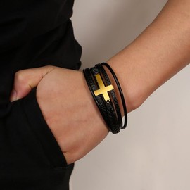 Fahonie Cross Leather Bracelet for Men Multi-Layer Braided Leather Bracelet Stainless Steel Religious Confirmation Gifts, 7.5 Inches