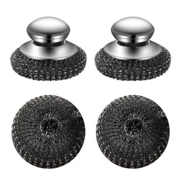 Pack of 2 Stainless Steel Scrubber with Handle, Replaceable Steel Wool Scrubber with 2 Replacement Wire Balls, Cleaning Sponge, Scourer for Cleaning Tableware