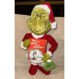 Gemmy 18” Holiday Greeter Stuffed Grinch in Santa Suit with Dr. Seuss™ Book New