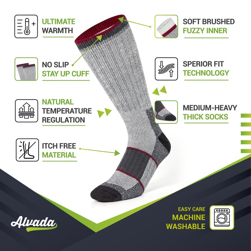 Alvada Merino Wool Hiking Socks Thermal Warm Crew Winter Boot