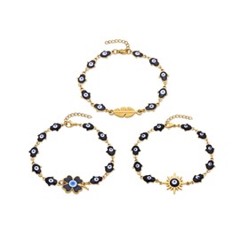JMTOBETOP 3Pcs Evil Eye Protection Blessing Lucky Bracelet for Women,14K Gold Plated Stainless Steel Amulet Hamsa Hand Bracelets, Compass Heart Cross Four-leaf Clover Wing Charm link Chain Bracelet,