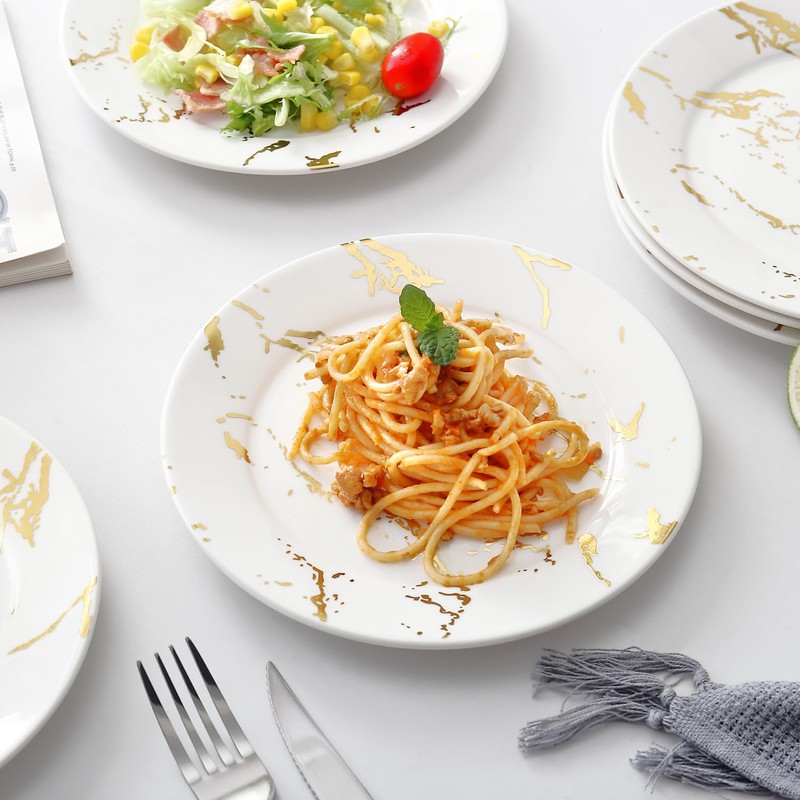 Loymokinar Modern 6-Piece Dinner Plate Set, 10-Inch White Marble Ceramic