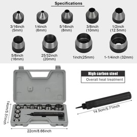 Heavy Duty Hole Punch Set & Leather Punch Tool Set - 9pc Large Hollow Hole Punch Kit, Professional Gasket Maker for Leather, Rubber, Plastic, Copper - High Carbon Steel with Storage Case