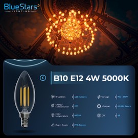 BlueStars 12-Pack DIMMABLE 4W B10 E12 LED Bulbs, 5000K Natural Daylight, 40W Equivalent, E12 Candelabra Base B10/B11 Bullet Shape 440 lumens for Ceiling Fans and Chandeliers