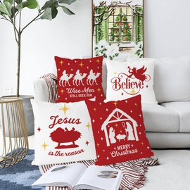 Tian Zhun Christmas Pillow Covers 20x20 Inch Set of 4 Nativity Religious Throw Pillow Covers Red And White Xmas Winter Decorative Cushion Covers Case Home Sofa Living Room Farmhouse Decor