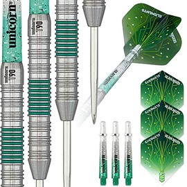 Unicorn Steel Tip Professional Darts Set | Core T90 Series Style 2 | 90% Tungsten Barrels with Green Accents | 24 g