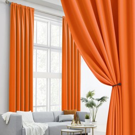 DUALIFE Blackout Curtain Drapes 132 Inch for Tall Floor to Ceiling 2 Panels Back Tab Rod Pocket Vibrant Orange Extra Long 2 Story Window Curtain 132 Inches Long for High Living Room Villa 11 FT