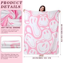 Frienda Preppy Throw Blanket Pink Smile Face Blanket Cute Flannel Soft Blanket Plush Fuzzy Pink Blanket Preppy Bedding Stuff for Dormitory Living Room 50" x 60"(Distort Smile Face)