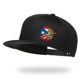 Negi Snapback Hats for Men Puerto Rican Frog Guitar Black Flat Fitted Hat Funny Hip Hop Baseball Hat, Adjustable Snap Button Extension, Outdoor Barbecue Fisherman's Black Hat