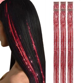 Clip In Hair Tinsel Red Tinsel Hair Extensions 6Pcs Very Cute for Kids Girls Cosplay Party Christmas New Year(20 Inch,Red)
