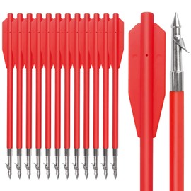 YLS 6.8 inch Bowfishing Arrows Fish Hunting Plastic Shaft with Harpoon Steel Point and Safty Slides for Outdoor Bow Fishing Huntings Red 12pcs