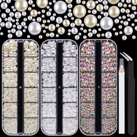 4000PCS Flatback Rhinestones and Half Round Pearls Kit #39, Multi Size Glass AB Crystals, Plastic Flat Back White & Beige Dome Bead with Pickup Pencil and Tweezer for Nail Art